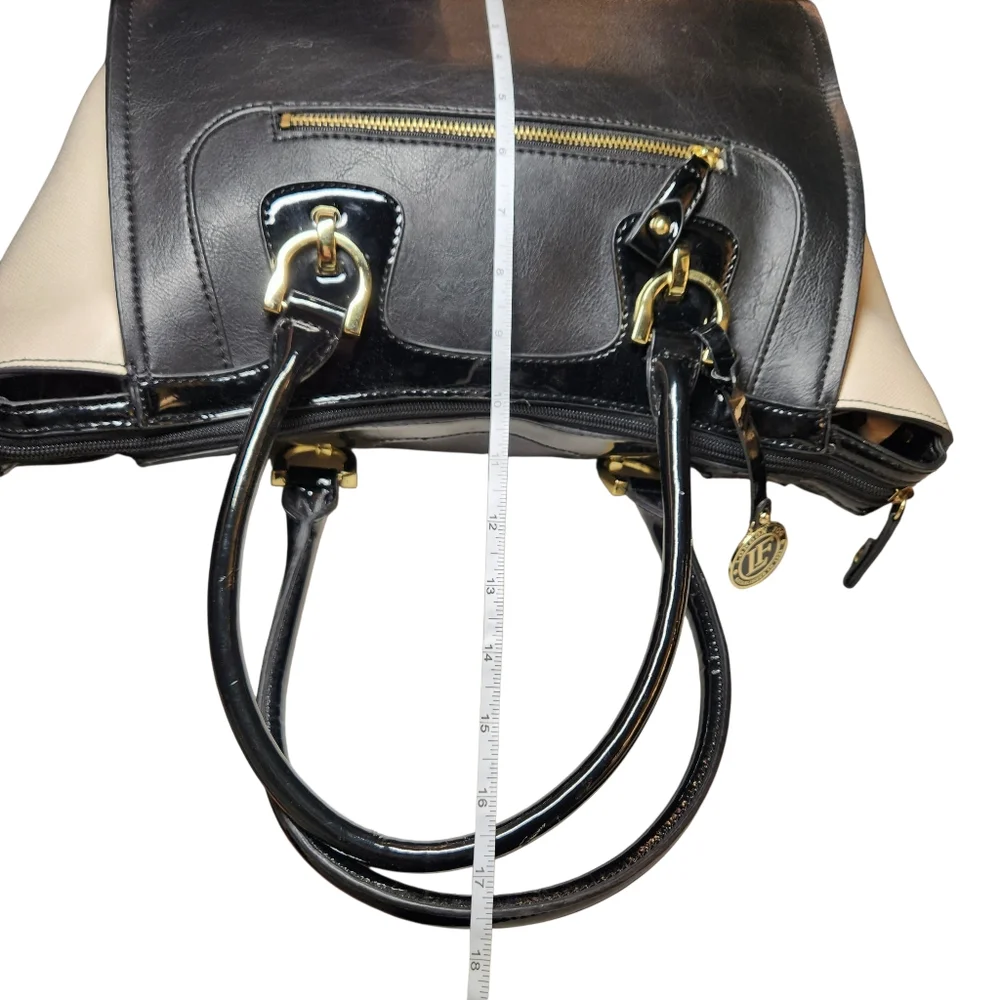 London Fog Handbag Large Tote Faux Vegan Leather Black Cream Gold Classic Preppy